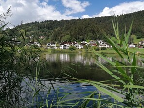 A lake with houses in the background.