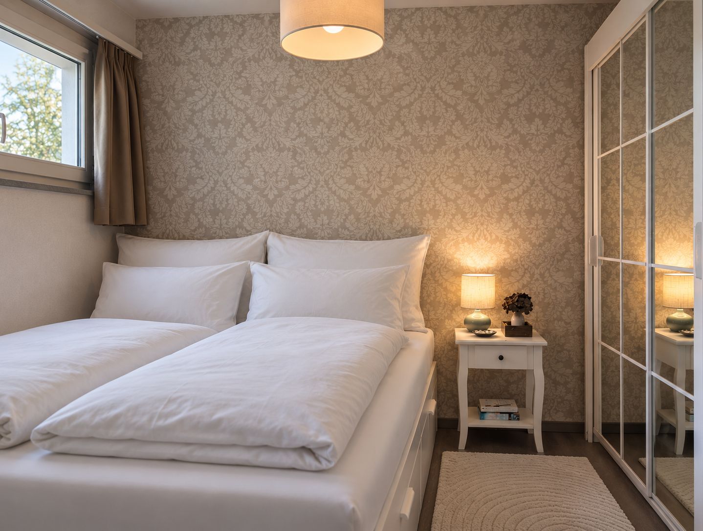 Ein Schlafzimmer mit einem Bett, einem Nachttisch mit Lampe, einem Spiegel und einem Fenster mit Vorhängen.