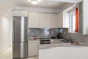 Een moderne keuken met een roestvrijstalen koelkast, een inbouwoven en een granieten aanrecht.