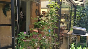 Une véranda aux murs de verre, où l’on trouve une grande variété de plantes et des meubles.