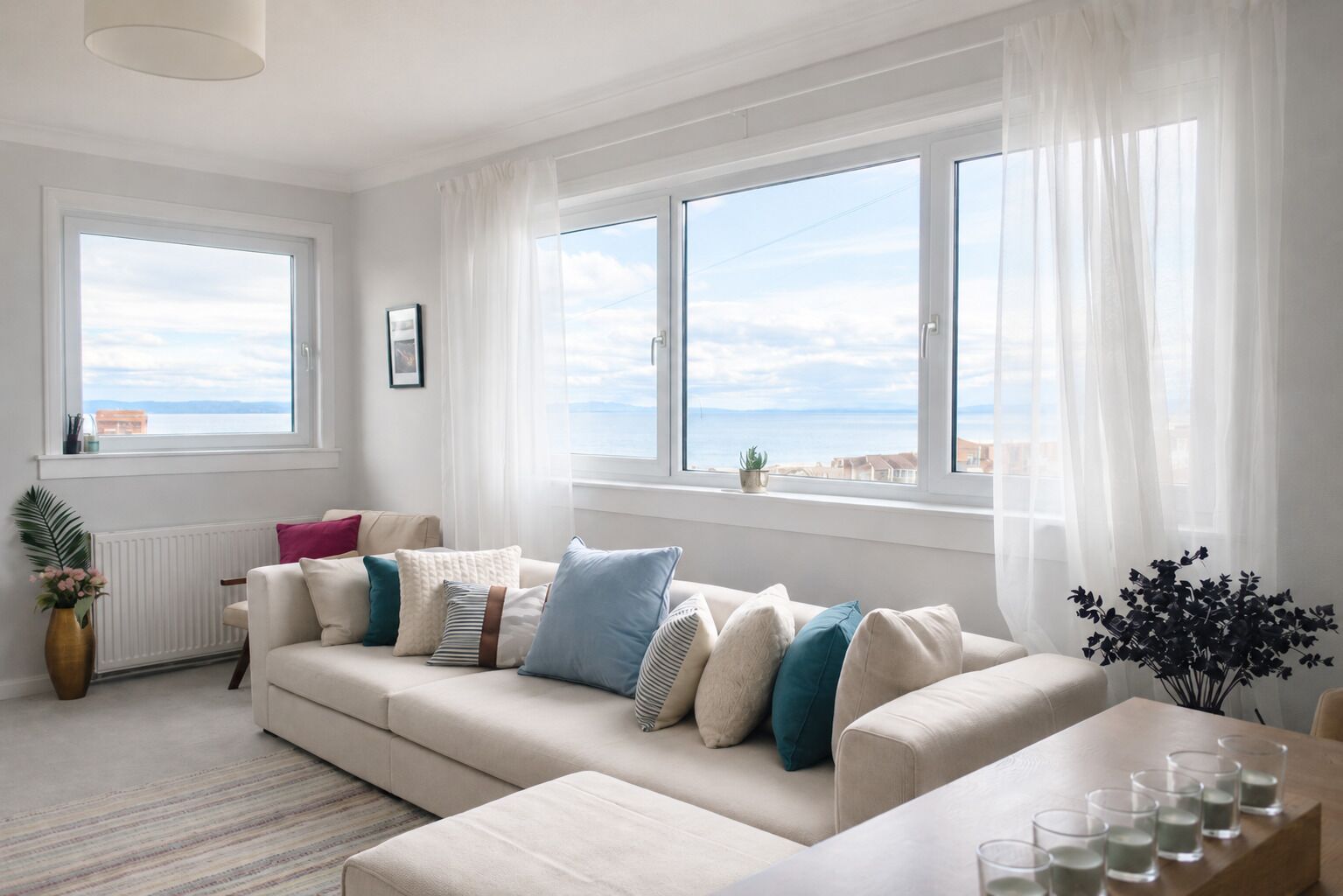 A living room with a sofa, a coffee table, and a view of the sea through large windows.