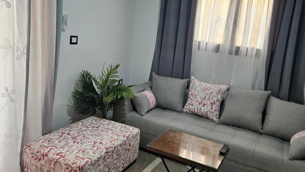 Ein Wohnzimmer mit einer Couch, einem Hocker, einem Couchtisch, einer Zimmerpflanze und einer Wand-Klimaanlage.