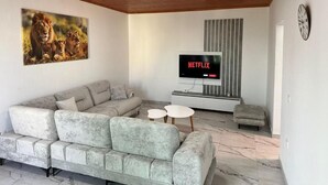 Una sala de estar con un sofá gris, un televisor de pantalla plana, un reloj y una fotografía enmarcada de fauna silvestre en la pared.