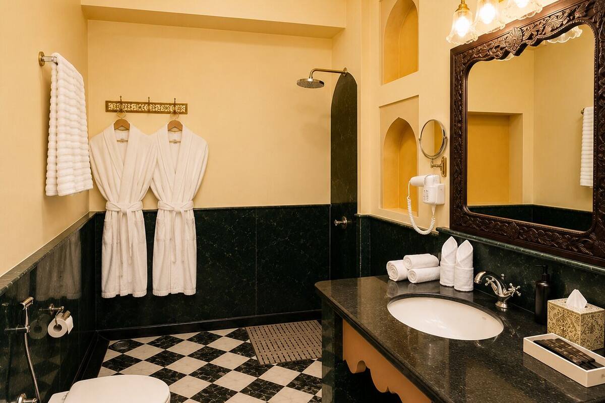 Un baño con piso de cuadros, un inodoro, un lavamanos con espejo y dos albornoces blancos colgados en un perchero.