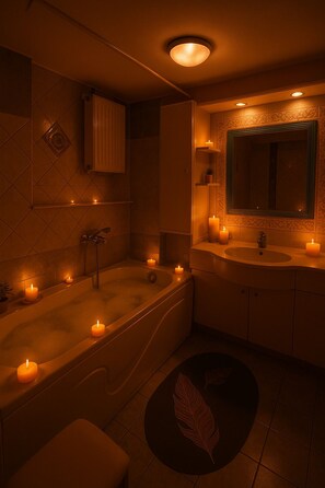 Bañera de hidromasaje, secador de pelo, bidet, toallas