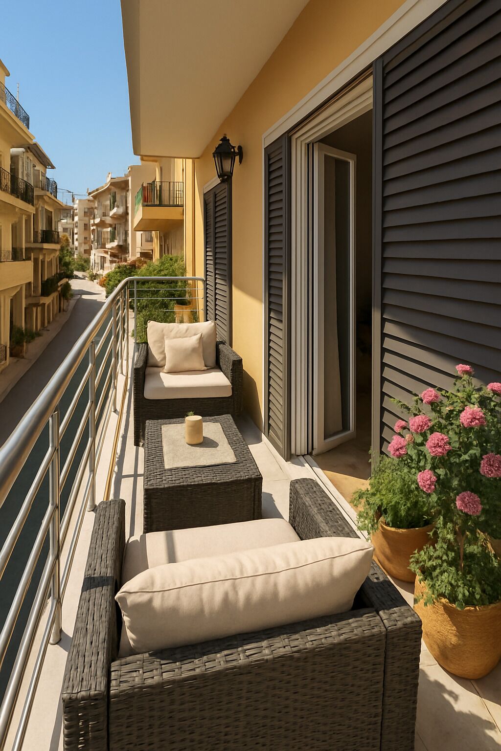 Ein Balkon mit Korbmöbeln, einer Topfpflanze und Blick auf die Straße.