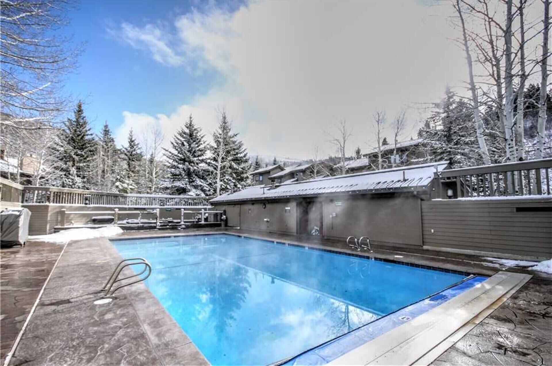 Ein Schwimmbecken mit Holzterrasse und überdachtem Bereich, umgeben von schneebedeckten Bäumen und Gebäuden.