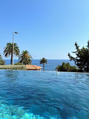 An infinity pool with a clear view of the ocean and palm trees. - Wonderful villa with a view of the sea (Saint-Raphaël)