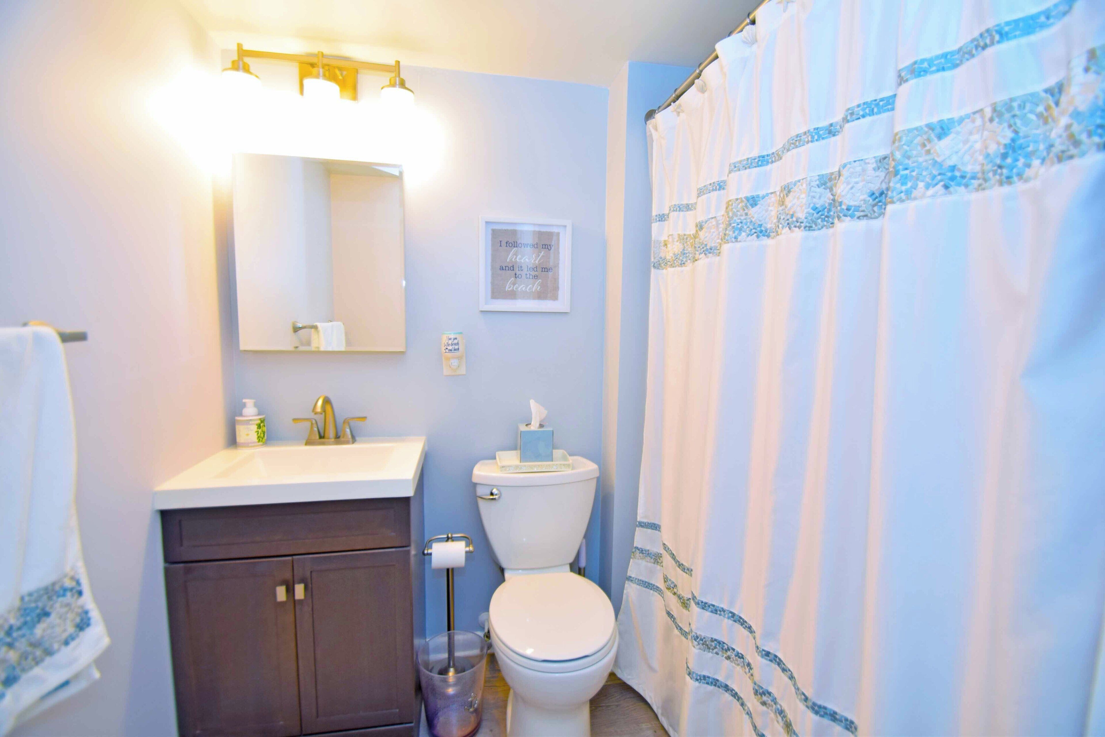 Een badkamer met toilet, wastafel, spiegel en douchegordijn.
