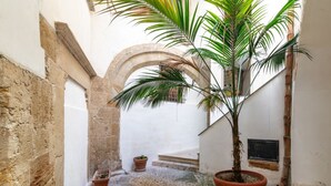 Ein schmaler Innenhof mit Steinmauern, einer Palme und Topfpflanzen.