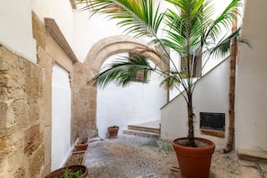 A narrow courtyard with stone walls, a palm tree, and potted plants. - Elegant 57 dqm apartment, for up to 4 guests, located on the second floor of a renovated period building with lift (steps to access). The property is located in the center of Palermo, in an authentic and folkloristic neighborhood in the Vucciria area, th (Palermo)