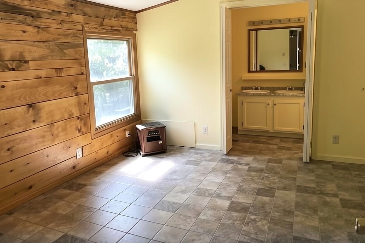 A room with wooden walls, a tiled floor, a window, a heater, and a bathroom with a mirror and sink.