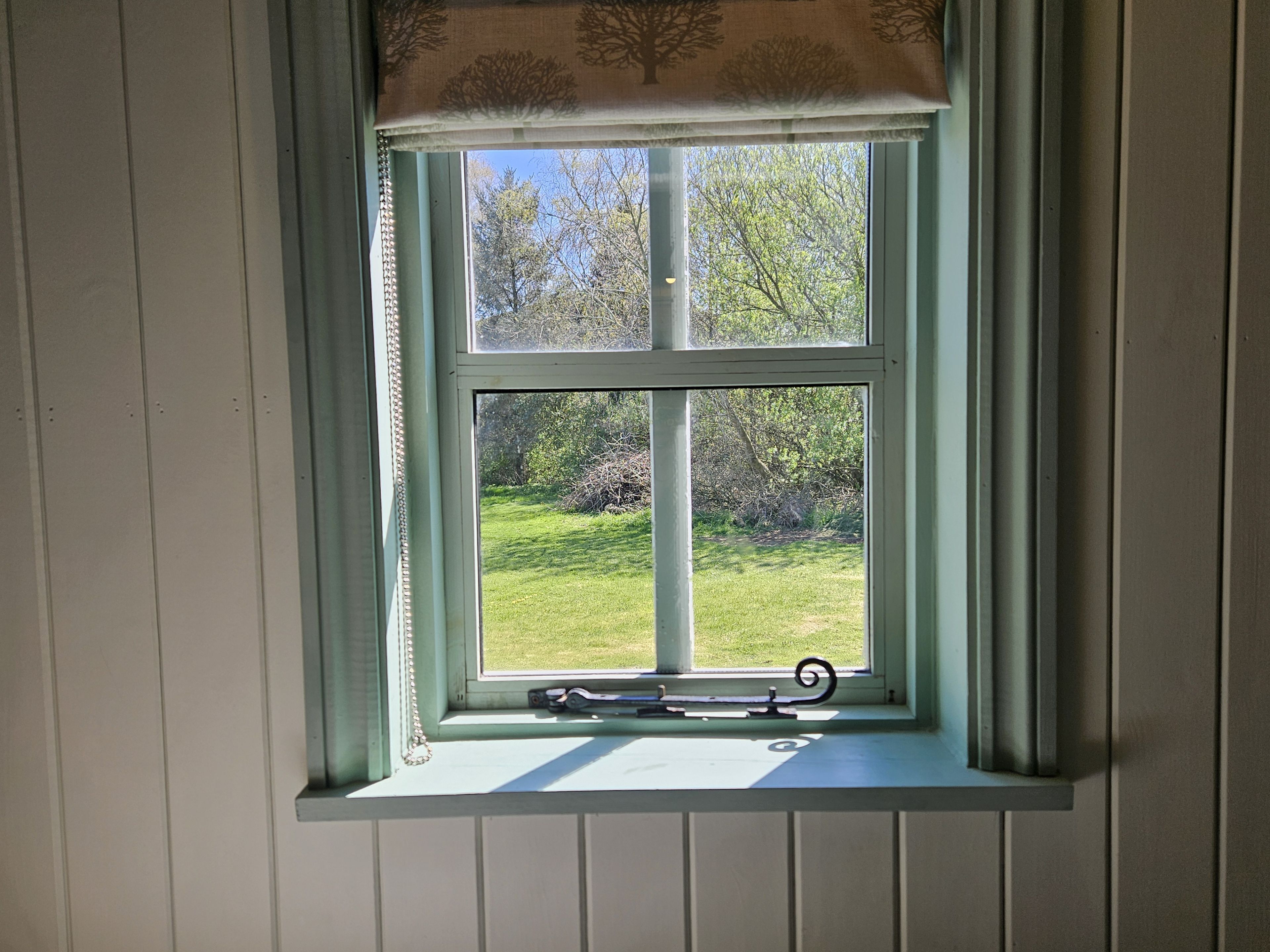 A window with a view of a grassy area and trees.