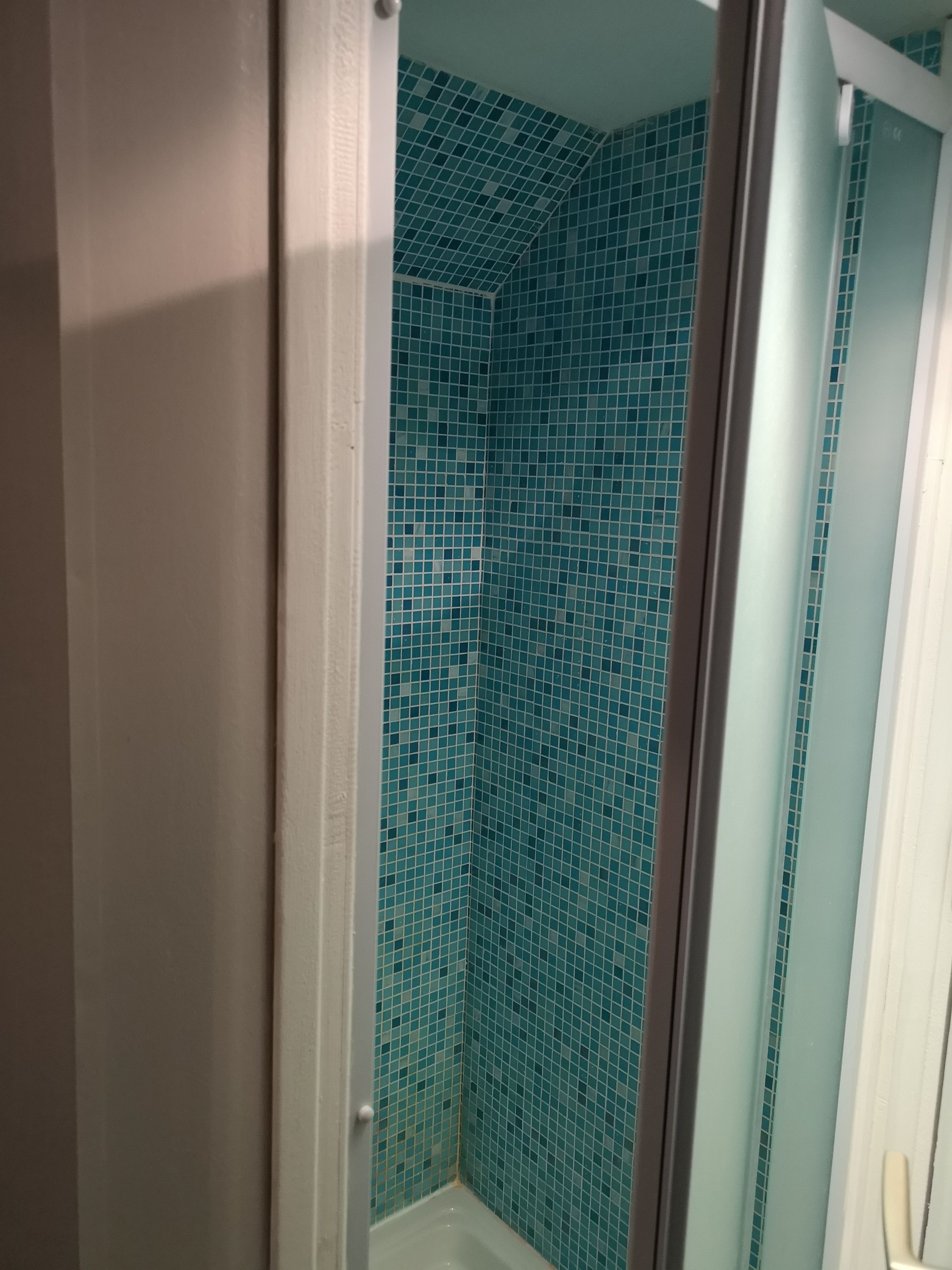 Une salle de bain avec un mur de douche carrelé et une porte donnant sur une autre pièce.