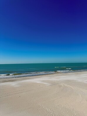 Ein Strand mit blauem Himmel und ruhiger See.