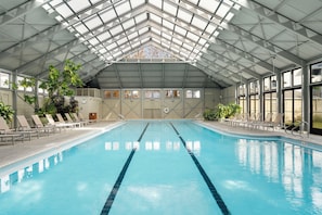 An indoor swimming pool with clear lanes, sunroof, and lounge chairs.