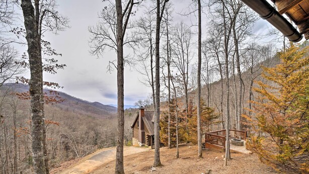 A rustic cabin with a dirt road leading to it, surrounded by tall trees and a mountainous backdrop. - Franklin Cabin w/ Hot Tub, Theater & Fire Pit! (Franklin)