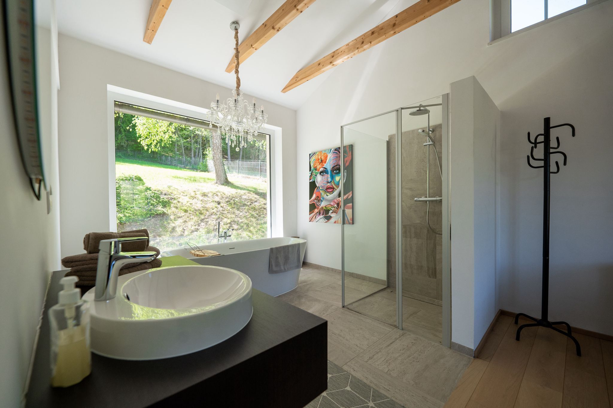 Hair dryer, towels, toilet paper