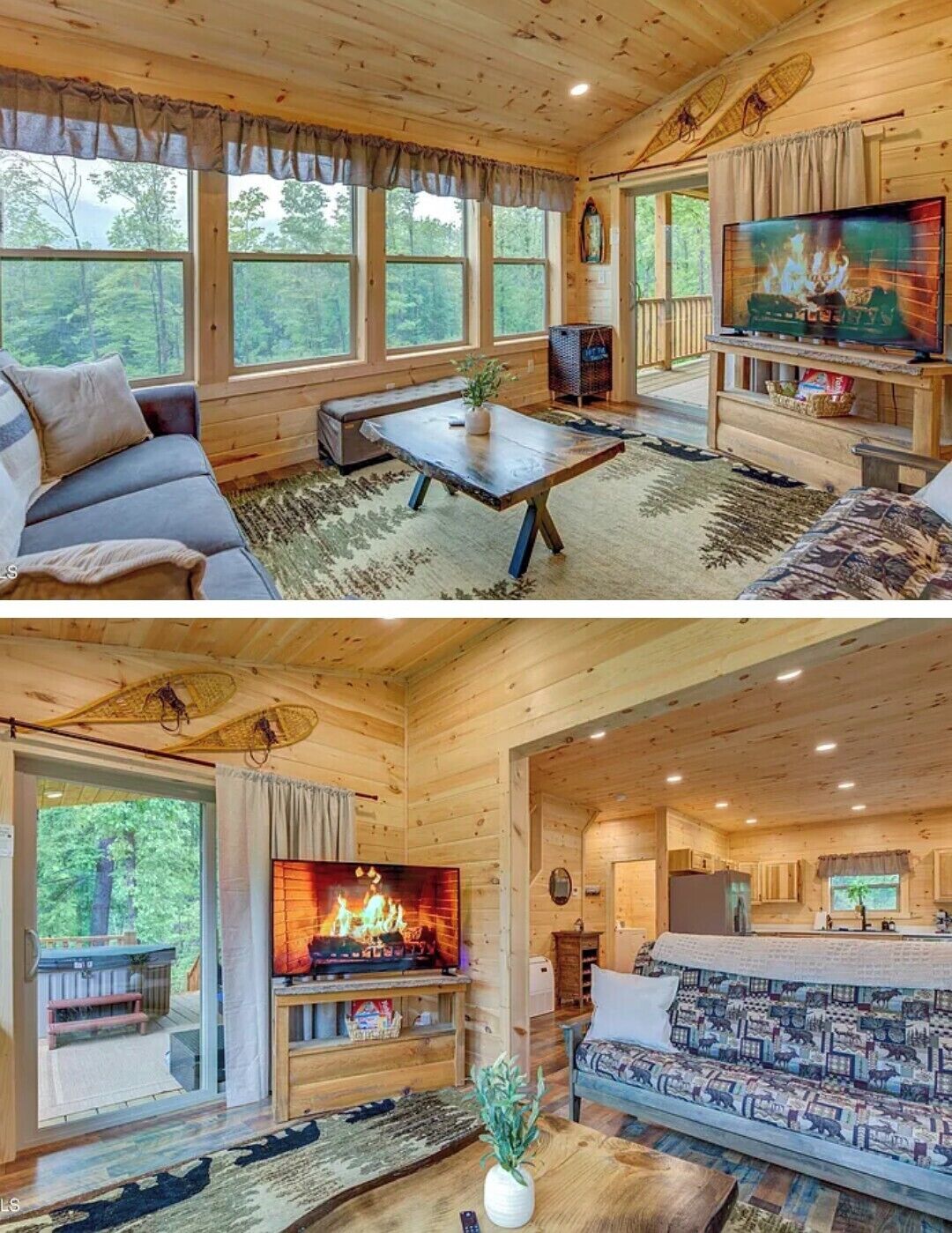 Ein Blockhaus-Interieur mit einer Couch, einem Couchtisch, einem Fernseher und einem Kamin.
