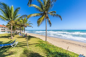 A beach with palm trees, a sandy shore, and a clear blue sky. - Affordable Apartment With Ocean View (Sosúa)