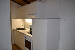 Cocina compacta con fregadero, estufa y horno integrado.