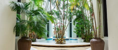 A courtyard with a pool, surrounded by potted plants and palm trees.