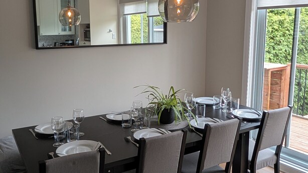 Un coin repas avec une grande table, des chaises, un luminaire suspendu, une plante en pot et un miroir au mur.