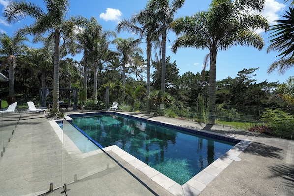 A rectangular swimming pool with clear blue water, surrounded by palm trees and a concrete deck with white lounge chairs.
