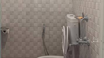 Shower, towels, soap, toilet paper