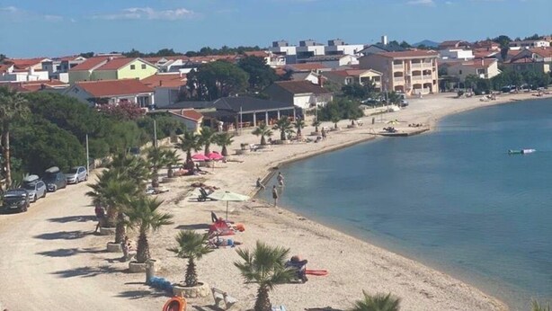 Een kustplaatsje met een zandstrand, palmbomen en een helderblauwe lucht.