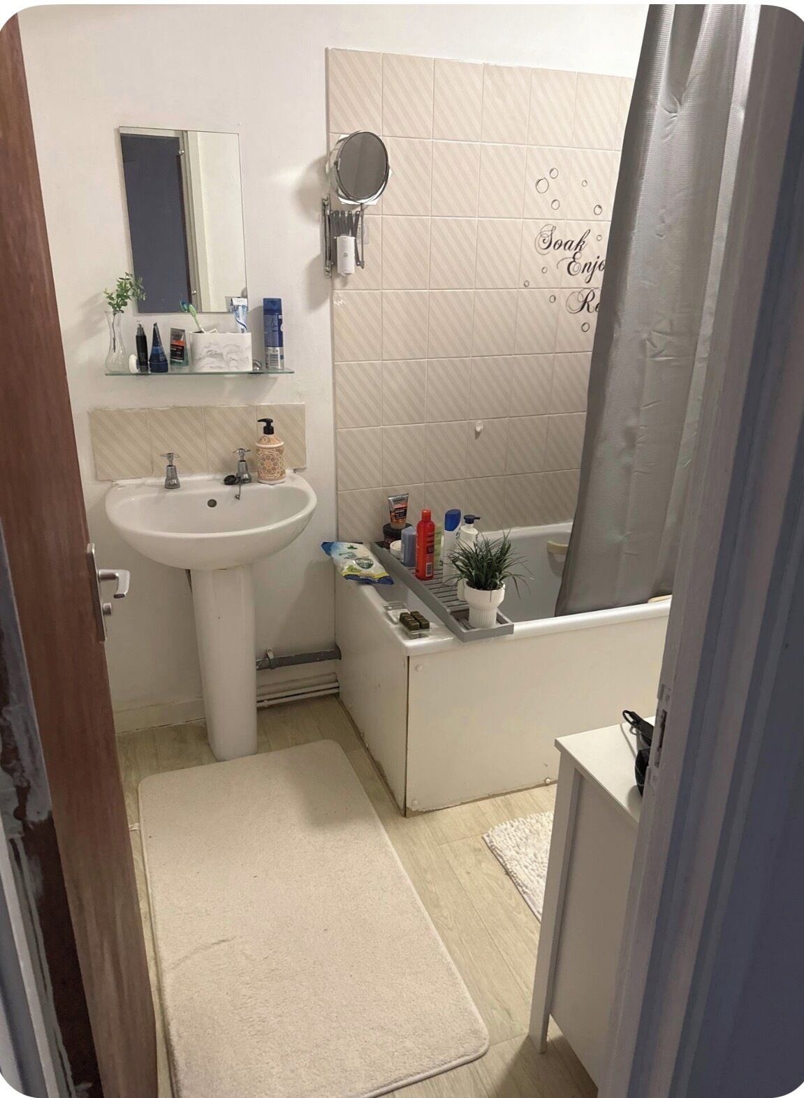 Hair dryer, bidet, towels, soap