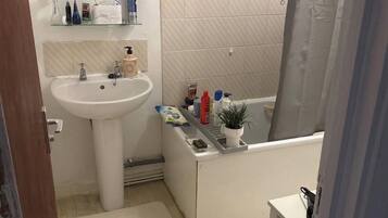Hair dryer, bidet, towels, soap
