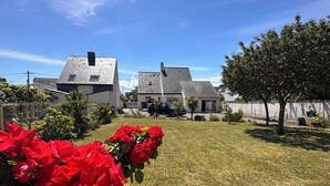 Un barrio residencial con casas, césped y un árbol.