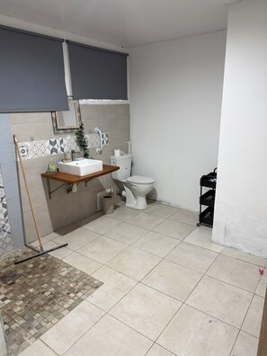 Douche, serviettes fournies, papier toilette