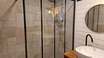 Shower, hair dryer, soap