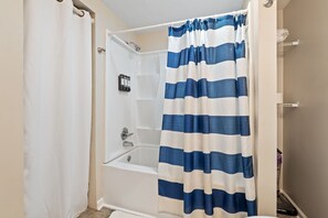 Hair dryer, towels, soap, toilet paper