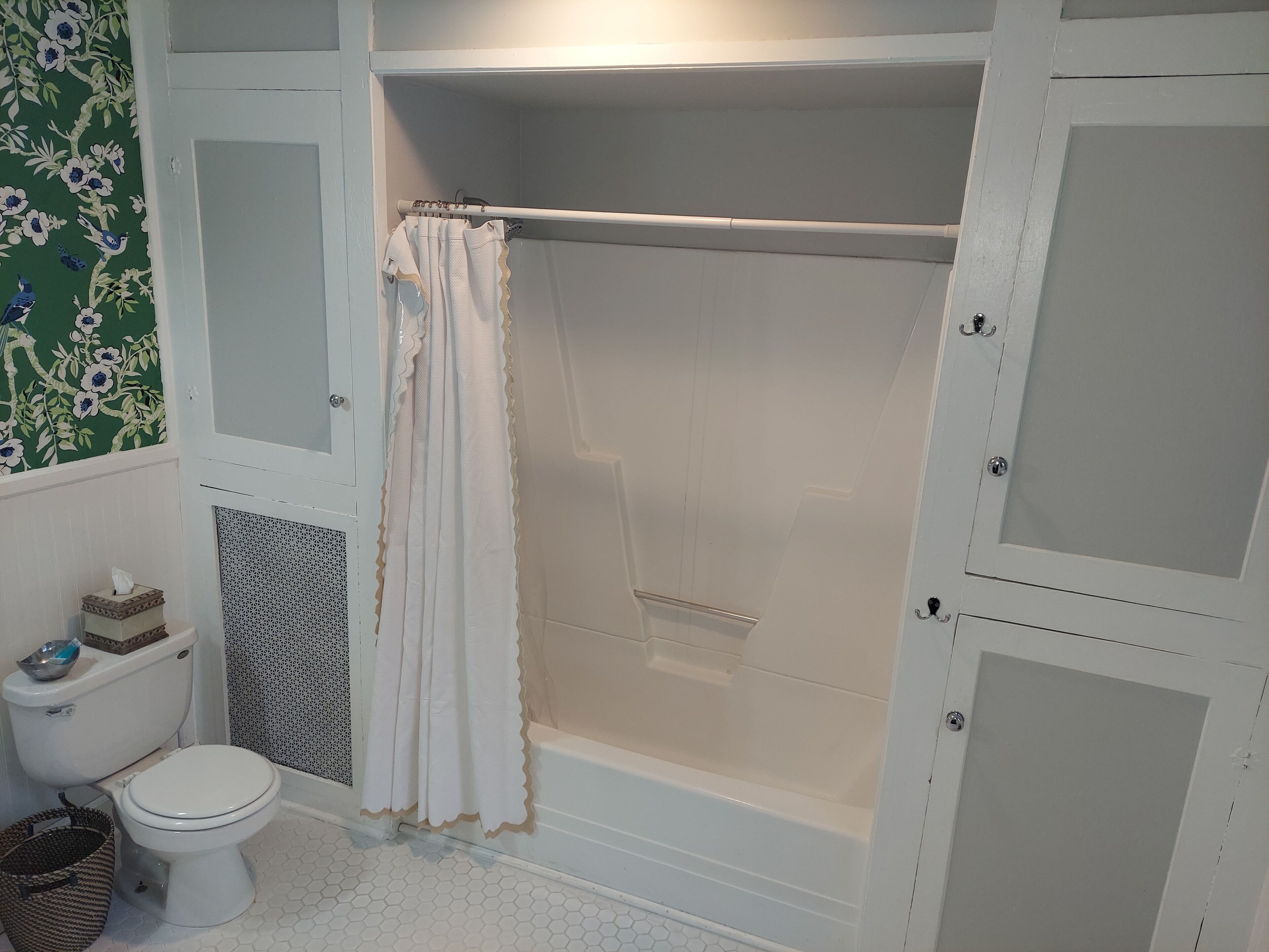 Hair dryer, towels, soap, toilet paper
