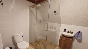 Un baño con inodoro, ducha y lavabo.