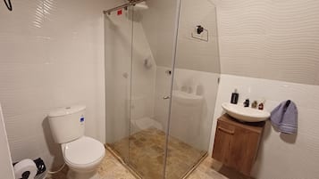 Shower, towels, soap, toilet paper