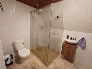 Un baño con inodoro, ducha y lavabo.