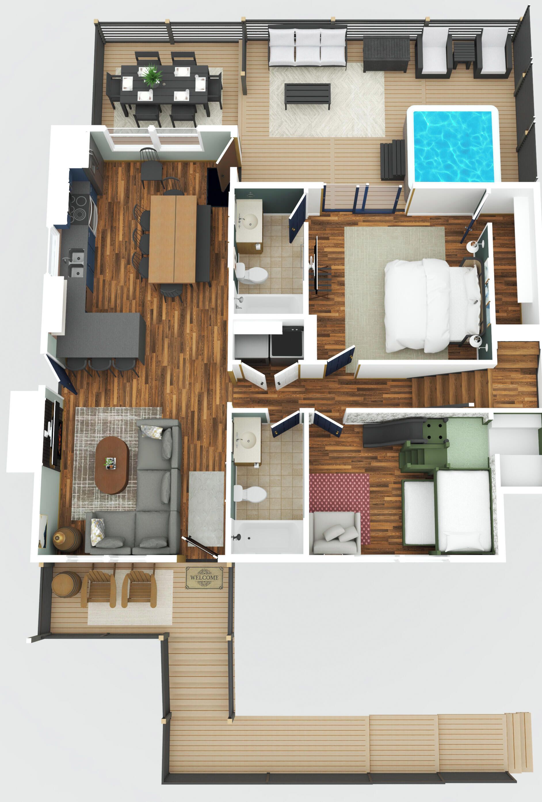 Un plan d’étage en 2D d’une chambre d’hôtel comprenant un coin repas, une piscine, une chambre à coucher, une salle de bain et un salon.