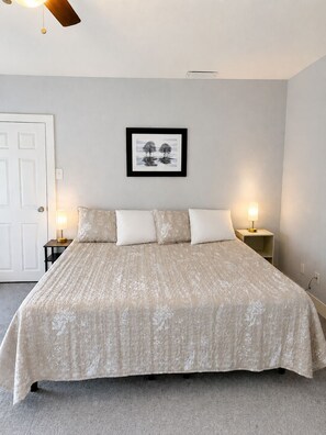 Una camera da letto con un letto grande, due lampade da comodino, un quadro incorniciato appeso al muro e una ventola a soffitto.