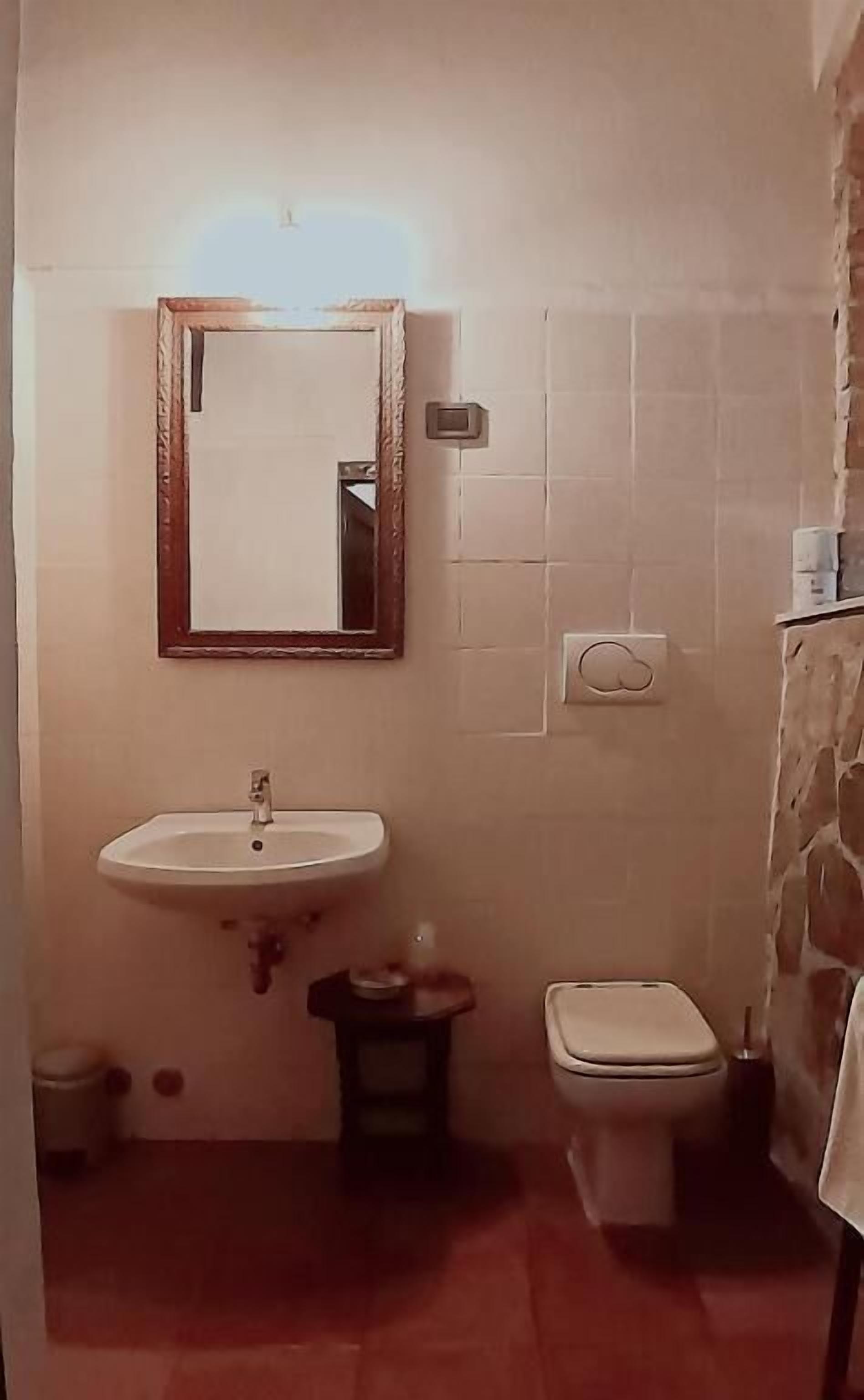 Une salle de bain avec un lavabo, des toilettes et un miroir.