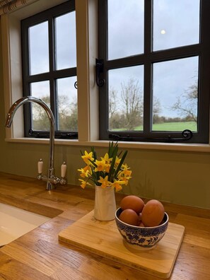 A kitchen with a window, a sink, a vase with flowers, and a bowl of eggs.