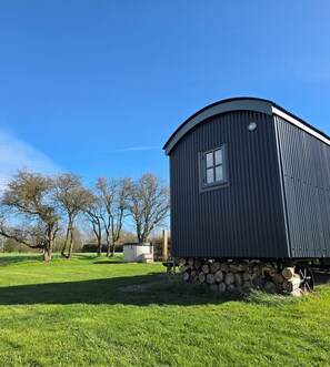 A single-story, dark-colored metal building with a window, situated on a grassy field with trees in the background.