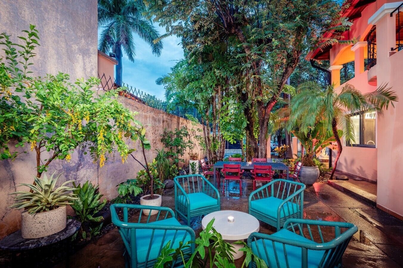 An outdoor patio with a table and chairs, surrounded by various plants and trees.