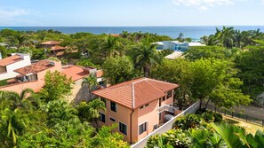 Un quartier résidentiel situé sur la côte, avec des maisons, une végétation luxuriante et une vue sur l’océan.