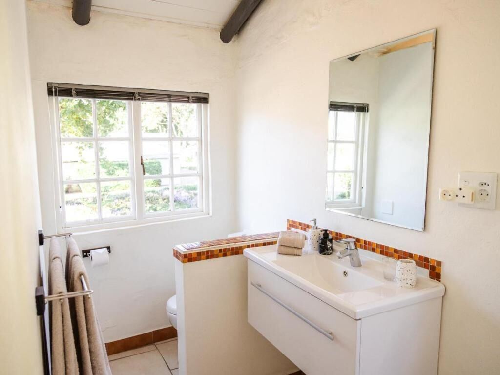 A bathroom with a toilet, sink, mirror, towel rack, and a window.