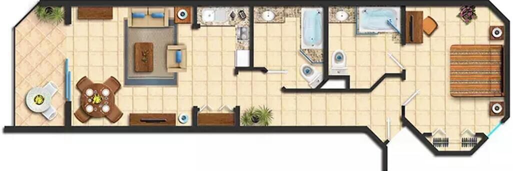 Distribución de un hotel con cocina, comedor, dos baños, sala de estar y una pequeña zona de estar al aire libre.