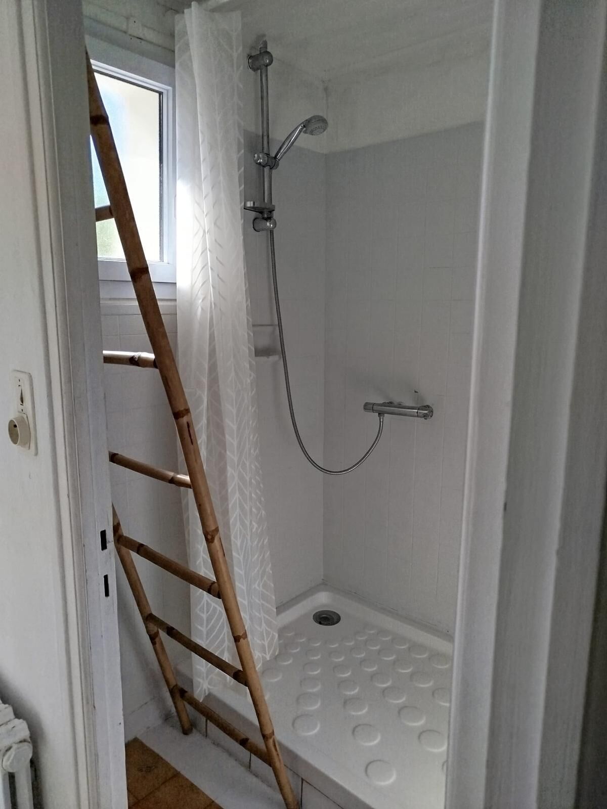 A shower with a shower head, a handheld shower attachment, and a drain. There is a wooden ladder leaning against the wall.